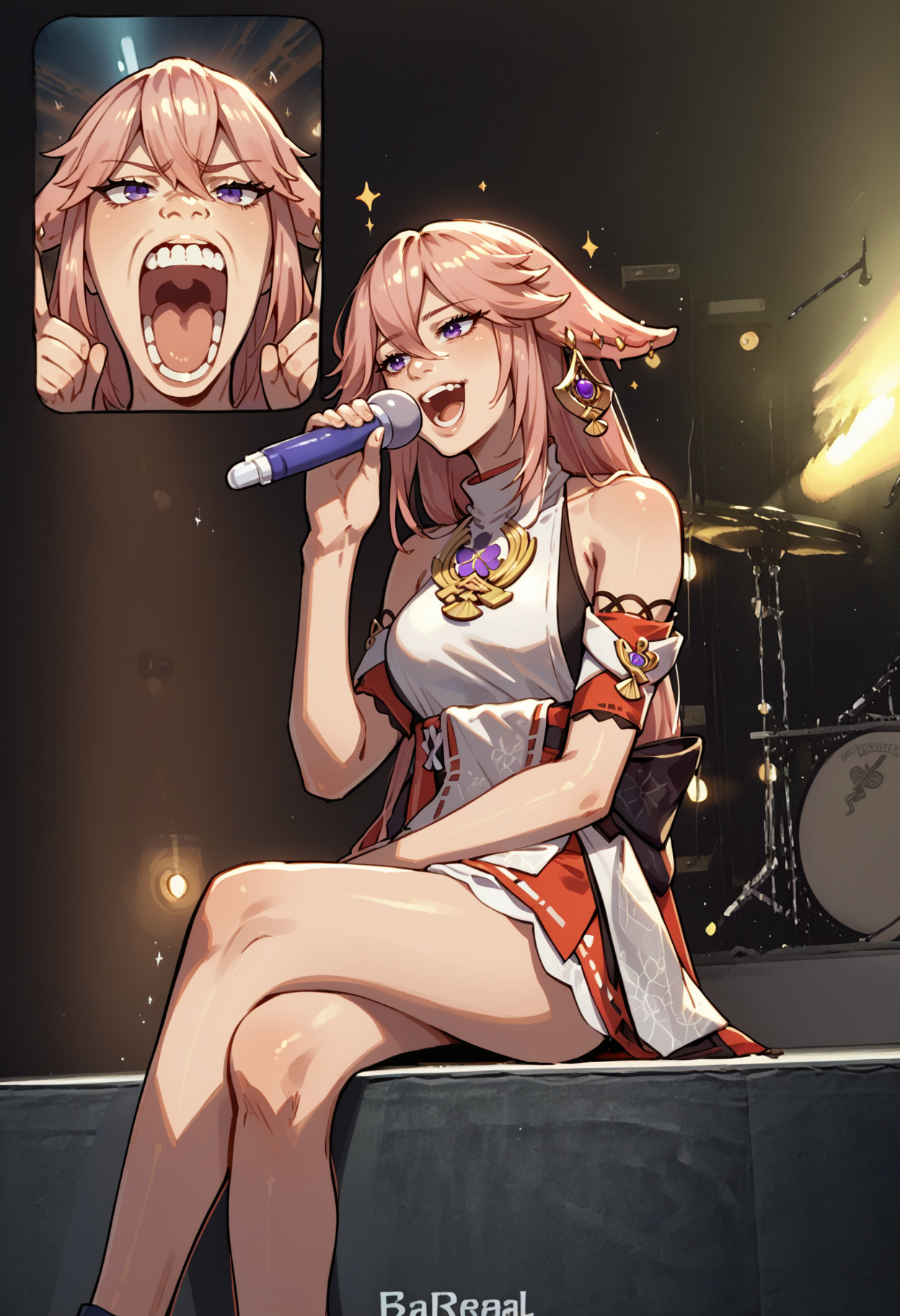 score_9, score_8_up, score_7_up, source_anime, FanScreamingMeme, open mouth, sitting, music, crossed legs, holding microphone, singing, <lora:FanScreamingAtMadisonBeer_XLPD:1>, 2girls, screen, phone, yae miko,