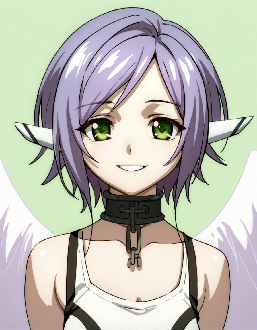 score_9, score_8_up, score_7_up, score_6_up, score_5_up, score_4_up, source_anime,  Oregano, green eyes, purple hair, wings, collar, , portrait, soft smile