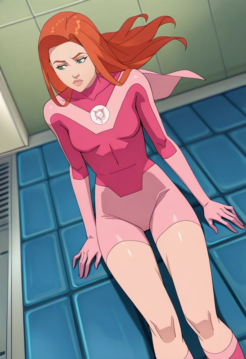 safe_pos, masterpiece, best quality, newest, absurdres, highres, 1girl, AT0Meve-INVPACK-JustEve.V1.0, redhead, long hair, ginger, orange hair, green eyes, AT0Meve-INVPACK.V1.0-Superherooutfit, pink bodysuit, superhero, cape, short cape, leotard, gloves, knee boots, pink footwear boots,