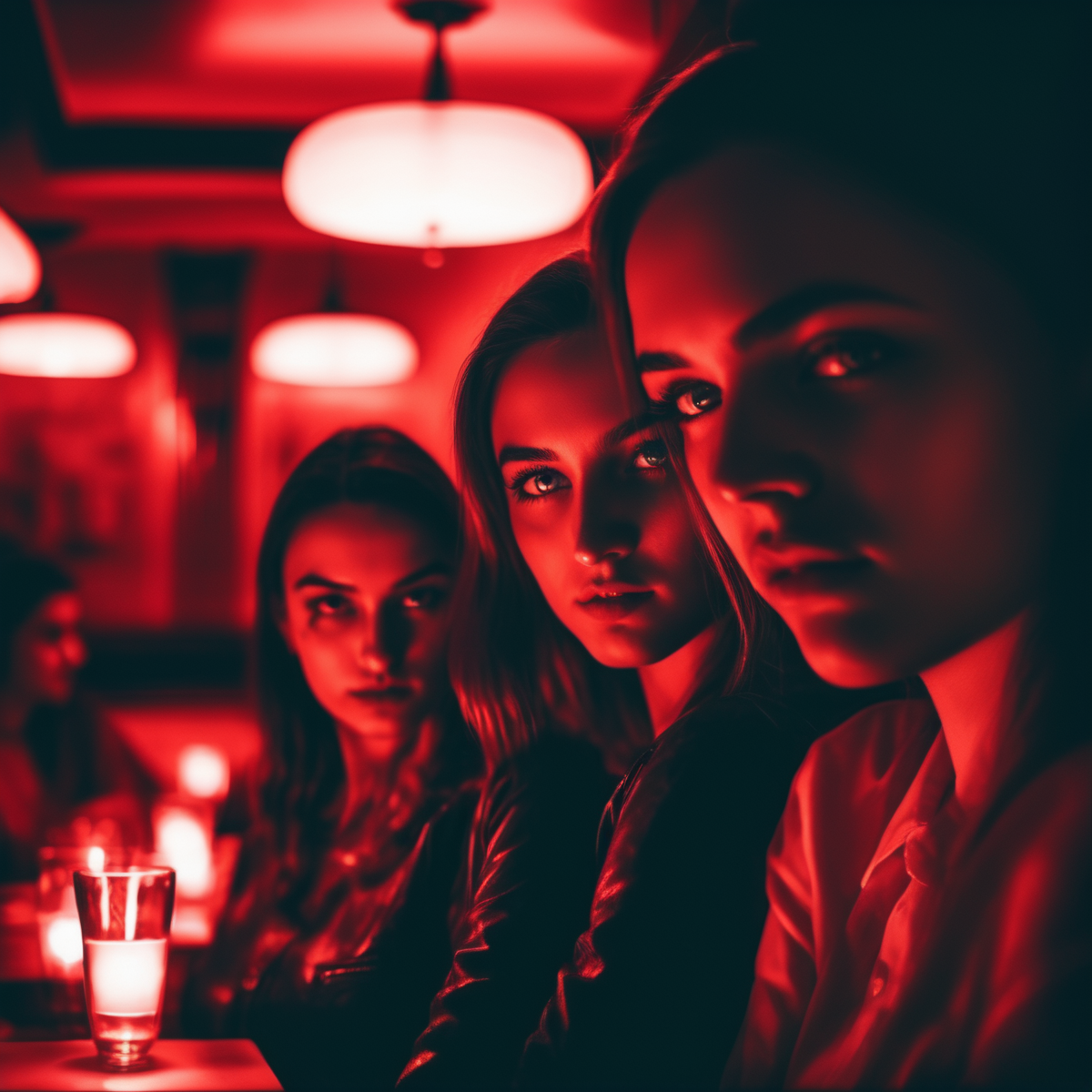 velumia closeup of girls in restaurant people in background, cinematic, professional photo, very detailed red light <lora:velumia:1>