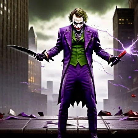 Ultra-realistic high quality 8k masterpiece of a breathtakingly gorgeous fighting game with a PEJoker, Joker as a fighter <lora:mk style:0.8> <lora:PE_Joker_DarkKnight:0.8> holding knife in fighting pose, gorgeously detailed fighter sprites, side view, wide shot, full body view , gotham city night time gorgeous lush background
