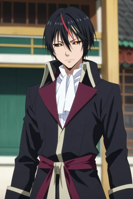score_9, score_8_up, score_7_up, source_anime, rating_safe, intricate details, anime screencap, , , , depth of field, 1boy, solo, male focus, <lora:diablo_tensura_pony:0.82>, diablo_tensura, black hair, yellow eyes, multicolored hair, streaked hair, red hair, hair between eyes, colored sclera, wide angle, wide shot, cowboy shot, great wall of china, day, sunny, v, peace sign, distracted, aloof, oblivious, captain costume, <lora:sdxl_lightning_8step_lora:1>