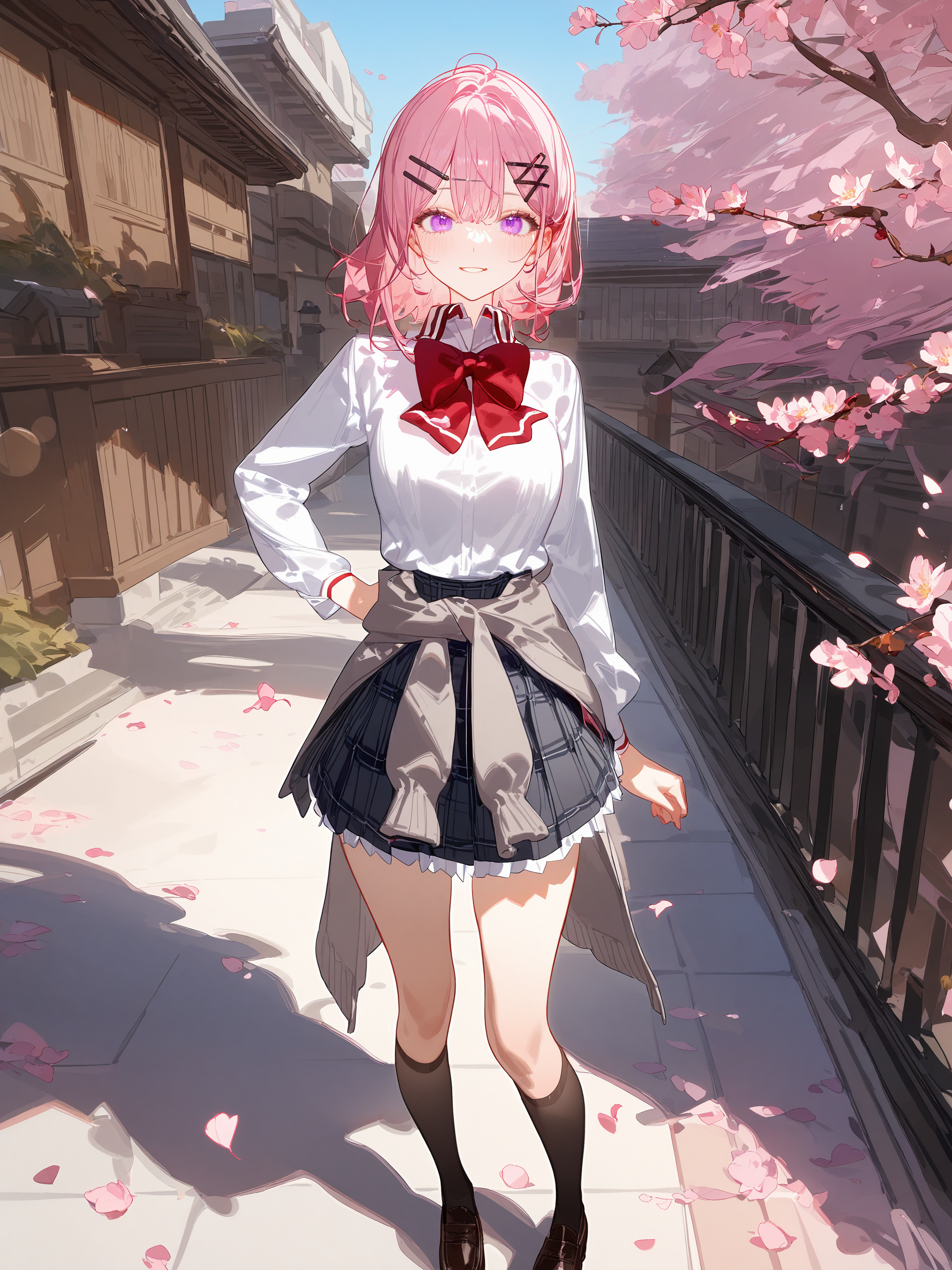 1girl, amaori renako, solo, purple eyes, hairclip, school uniform, pleated skirt, plaid skirt, white collared shirt, red bowtie, clothes around waist, loafers, black kneehighs, hand on hip, looking at viewer, light smile, standing, full body, outdoors, street, cherry blossoms, petals, depth of field <lora:Char-Amaori_Renako-V1-SDXL:0.9>, illustration, incredibly absurdres, ultra detailed, masterpiece, best quality, perfect features, intricate details, ray tracing, very aesthetic, (hitenkei, askzy:0.4), [<lora:XL-detailed_notrigger:0.95>::0.5], [:<lora:XL-aesthetic_anime:1.2>:0.5]