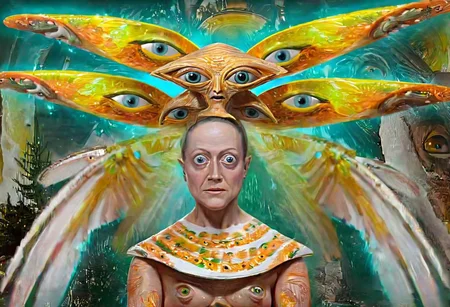 p1c4ss0, 1908 Woman with a Fan, seraphins, mystical creature with hundreds of eyes and wings, roswell alien with yellow christmas hat, delivering presents with santa riding a ufo sleigh, intricate complexity, surreal horror, inverted neon yellow drip paint,