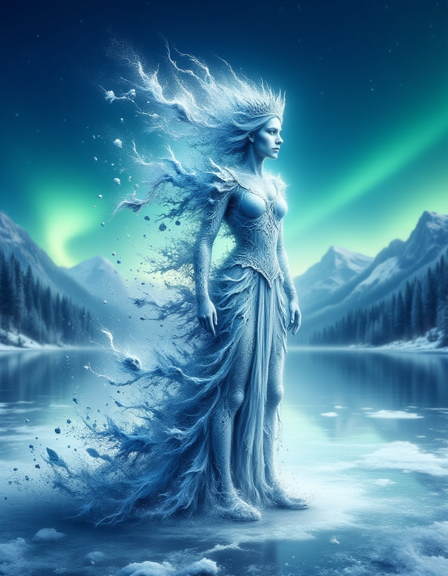 A regal ice queen standing on a frozen lake beneath a sky lit with auroras, rendered in a ral-dissolve style. Her intricate ice crown and frost-covered skin begin to dissolve into delicate snowflakes and shimmering icy shards, which scatter into the cold, blue-green glow of the northern lights. The vibrant colors of the aurora reflect off her dissolving form, blending with the icy particles and creating a scene of haunting beauty and cold elegance.
 <lora:ral-dissolve-flux_000005000:1>