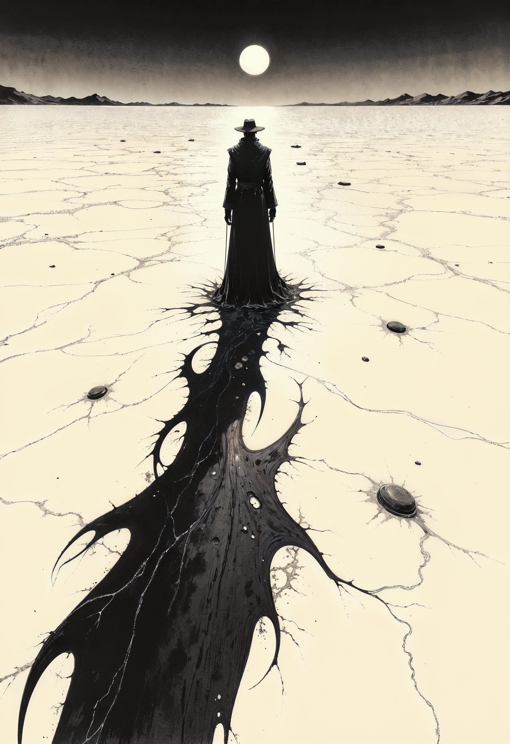 (in Otomo Katsuhiro style:1.2), high-quality, masterpiece, A figure standing in the center of a vast, empty desert, their body casting a long, distorted shadow that bends and twists unnaturally across the sand, Style is Surreal and abstract, Lighting is High contrast with harsh desert sun, Elongated shadows, distorted light, desert minimalism, sharp contrasts, Charcoal Sketch, (elaborately detailed attire with extraordinary elements:1.1), (hyperdetailed:1.1), (intricate details:1.0), (Refined details:1.1), (best quality:1.1), (high resolution:1.2)