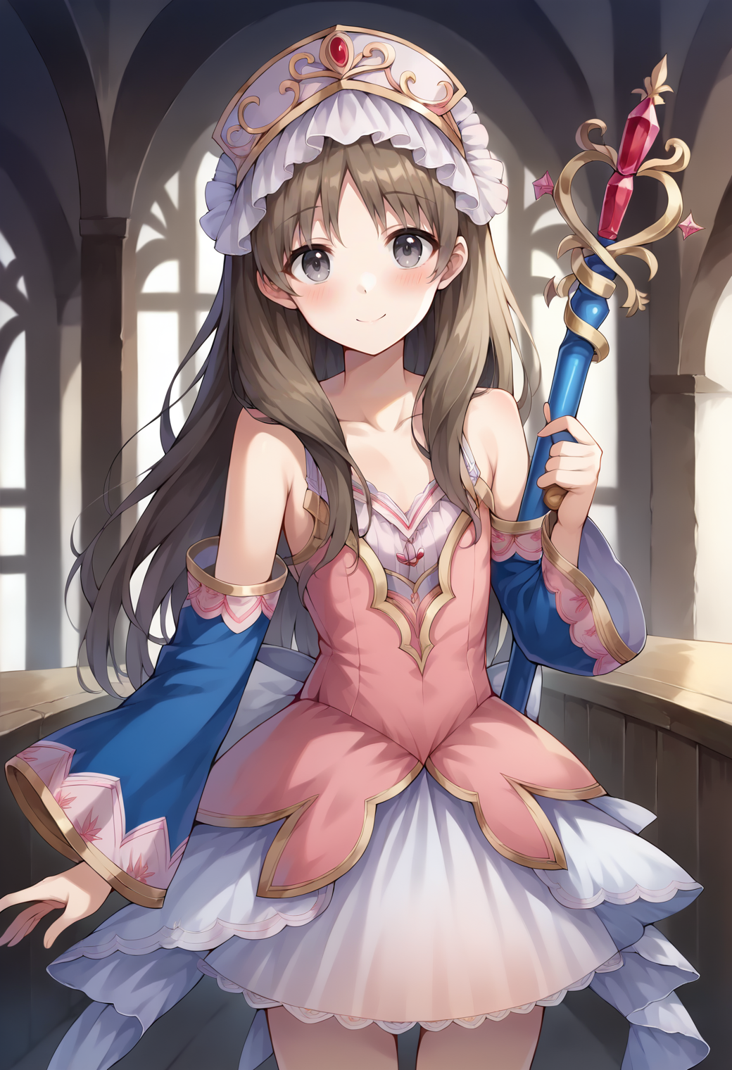 score_9, score_7_up, hd, (ultra hd quality details), source_anime, indoors,
solo, 1girl, attotori, brown hair, long hair, hair over shoulder, grey eyes,
totoridef, headdress, pink dress, two-tone dress, collarbone, bare shoulders, blue sleeves, detached sleeves, white skirt,
looking at viewer, blush, smile, 
standing, holding staff, staff,
<lora:_totooria_helmold-elesico-ponyD:1>