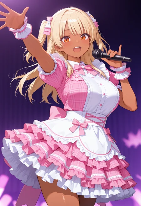 masterpiece,best quality,amazing quality, very aesthetic, ((outlined outlined vector graphics)), cute face, (glow eyes:0.5) , looking at viewer, cowboy shot,
1girl,20yo, (large breast:1.2), orange eyes, (blonde hair:1.3),long hair, (two side up:1.1), (dark skin:1.6), dark skin girl, (tall:1.2),bangs,
pink clothes, (focus female), smile, action pose, (clothed:1.1),
idol, idol outfit, japanese-idol-outfit, clothed, frilled dress,, idol stage, microphone , open eyes ,
, <lora:idol-outfit-il-20:1.0>