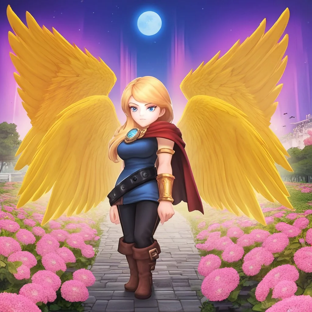 Score_9, Score_8, Score_7up, golden wings, FUSIONOFSTEEL, weapon, belt, blonde hair, solo, Blue Eyes, LordFusion, long hair, boots, cape, 1girl, busty breasts.
BEHAVIOR:
seductive pose, gold armlet, mature female, dutch angle, beautiful face, serious, arms open, bent forward, portrait, right arm extended forward towards viewer,
BACKGROUND:
cheery tree, city, wooden bridge, pink flowers, gardens, birds. night time, aurora borealis, blue moon