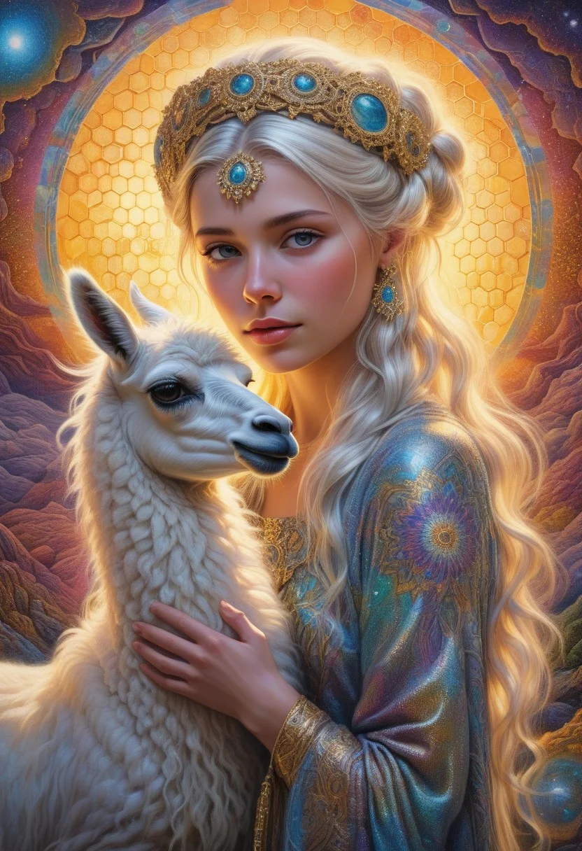 ((alex gray psychedelic painting.)) A serene young woman with long, platinum hair adorned with a jeweled headband, gently holding a fluffy white llama. They are bathed in soft, ethereal light amidst a cloudy, dreamlike background.
The scene unfolds in a surreal landscape of towering honeycombs, their intricate hexagonal patterns glowing with warm, golden hues. The honeycombs stretch upward like fantastical structures, their surfaces shimmering with iridescent nectar that reflects light in mesmerizing ways. The entire scene is depicted in a highly detailed, psychedelic style, reminiscent of Alex Grey’s art, with intricate patterns weaving through the honeycomb environment. The radiant honeycombs create a dreamlike atmosphere of wonder and beauty.