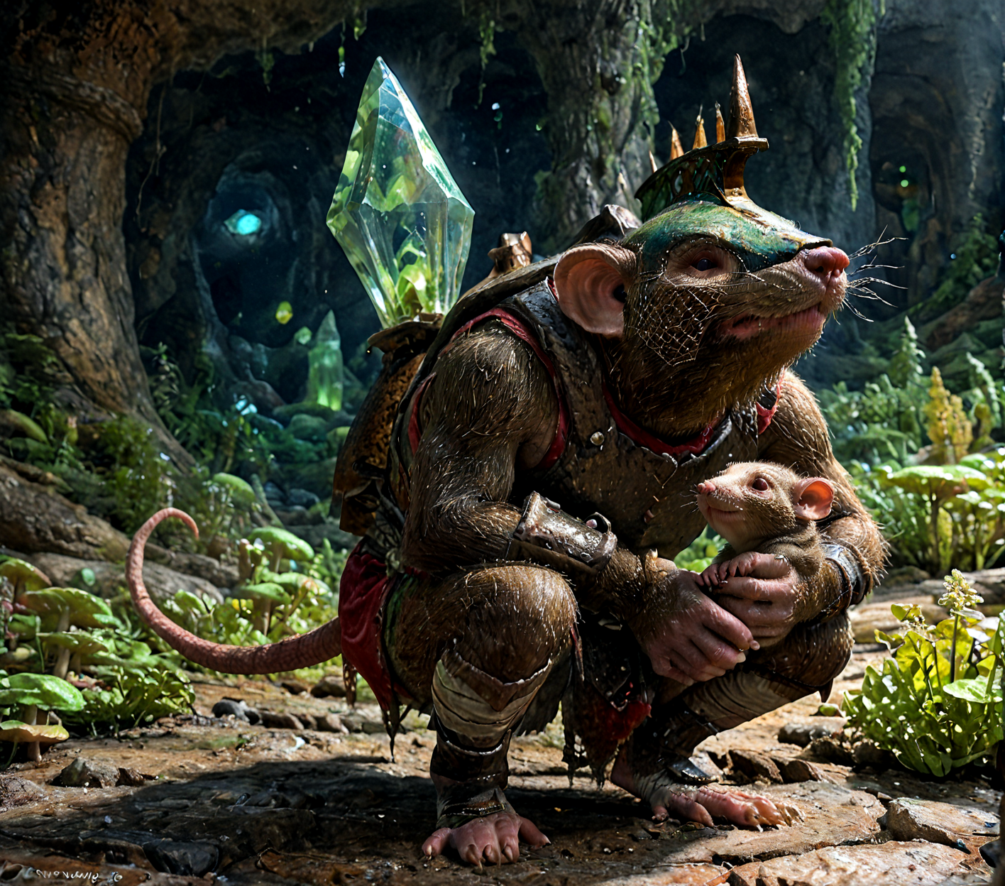 score_9, score_8_up, score_7_up, traditional media, watercolor,
2d, Clanrat, armor, helmet, holding adorable puppy like a baby, glowing crystal, green crystal, underground, mushroom grove, green glow, dark, wholesome, image on a greeting card, in the style of norman rockwell
<lora:Clanrat_PonyXL:0.7>,  <lora:detailed_notrigger:1>, <lora:Expressive_H-000001:.1>, <lora:Into_Darkness:1>, <lora:SDXLFaeTastic2400:.5>, <lora:sd_xl_dpo_lora_v1:1>, zPDXLrl