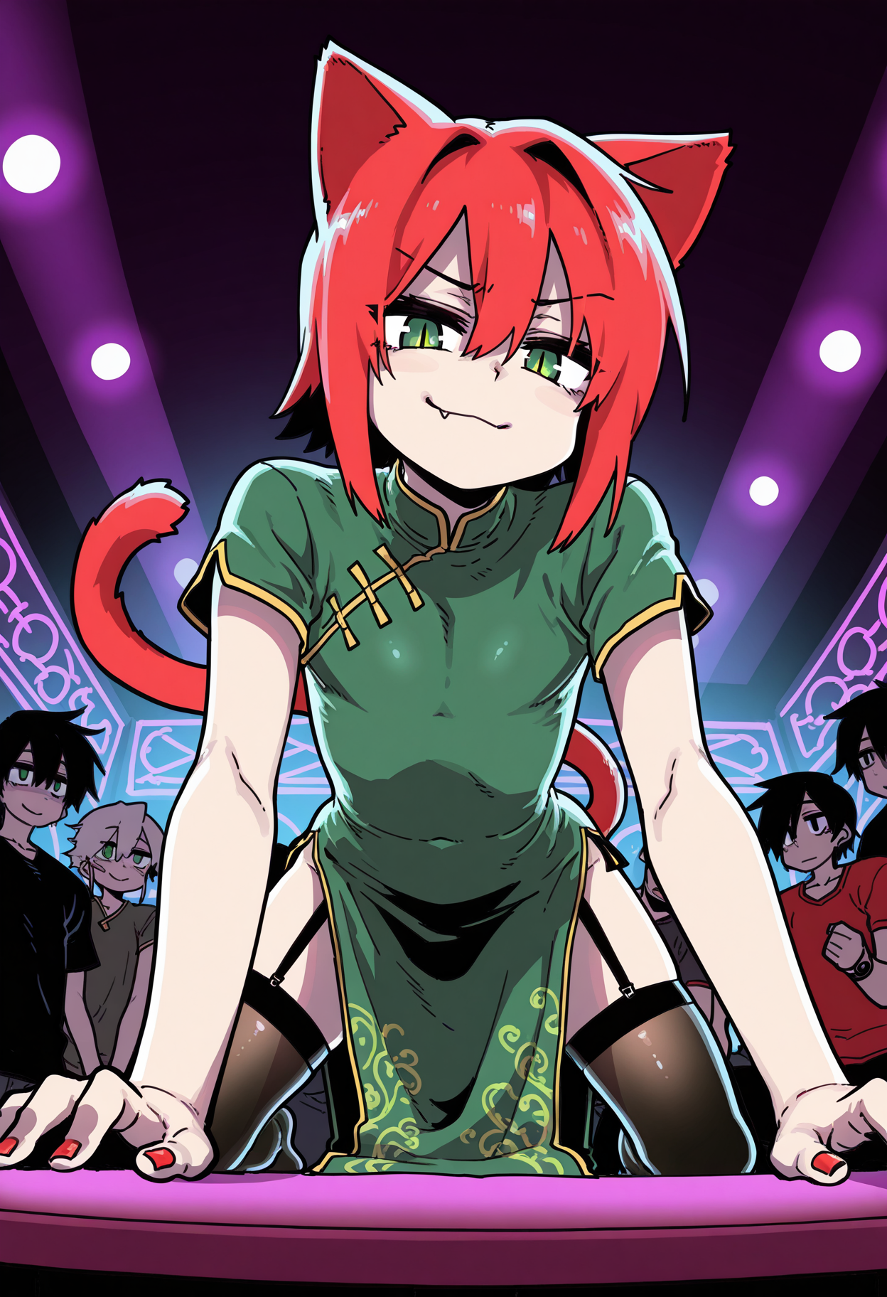 1boy, trap, flat chest, skinny, catboy, (red tail, red cat ears), bob hair, red hair, green eyes, slit pupils, detailed eyes,
nightclub, on table, dark, crowded, rave,
qipao, green dress, short sleeves, long skirt, stockings, red nails, chinese dress,
on all fours, from below, front view, smug, five fingers, good hands,
<lora:parkgeeIL-style:1>,parkgee,masterpiece,best quality,amazing quality, 2D,  line art,