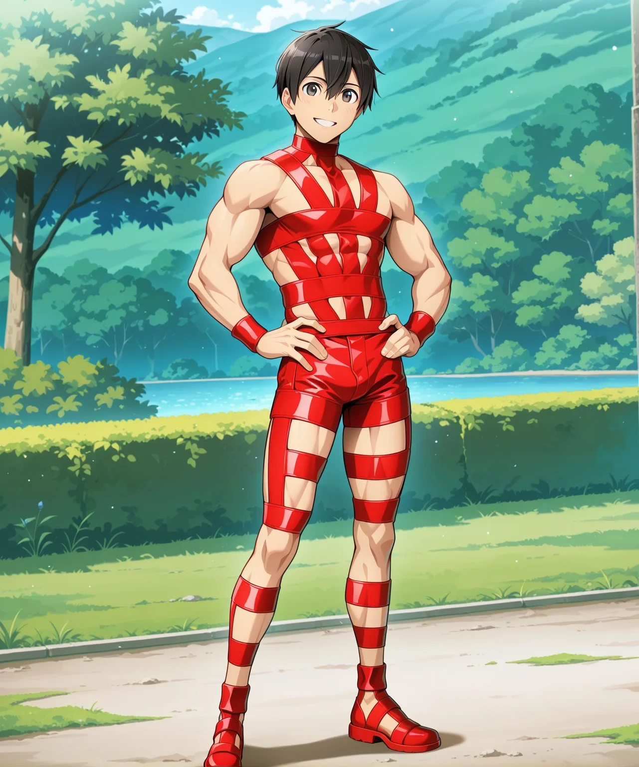 <lora:add-detail-xl:0.5>,,masterpiece,best quality,anime coloring,anime screenshot,
<lora:Strappy_bodysuit:0.7>Strappy_bodysuit,
standing, red clothes,
smile, takanori nishikawa, 
red bondage-style costume, 
solo,1boy,male focus,
muscular,kirito,
milf,20YO, outdoors,