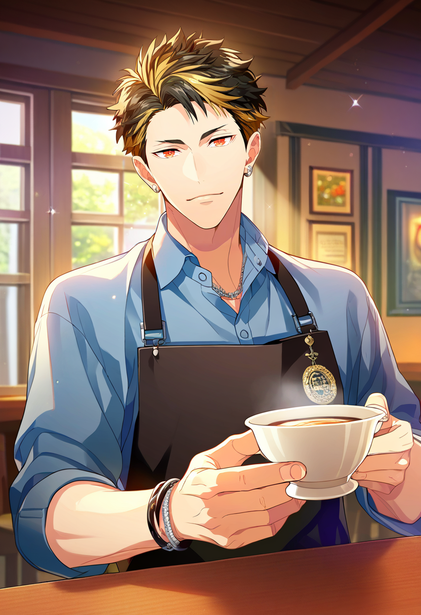 1boy, male focus, solo focus,
<lora:Character - Wind Boys - Reito Tsuji:1> reitotsuji, black hair, multicolored hair, red eyes, bracelet, necklace, ear piercing,
((zPDXL)), score_9_up, score_8_up, score_7_up, score_6_up, score_5_up, score_4_up, best quality, amazing quality, best aesthetic, absurdres, year2023, uncensored, nsfw, official art, official style, depth of field, detailed eye,
cafe,  collared shirt, apron, looking at viewer, table, holding cup, pov across table,