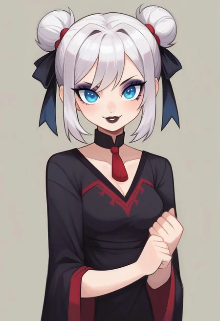 score_9, score_8_up, score_7_up, masterpiece, best quality, detailed face, detailed eyes, suizilla, cute, 1girl, slim, delicate features, sensual glare, smile, pale skin tone, blue eyes, makeup, dark lipstick, regal dressing, fur trimmed black dress, white hair with two buns, (hands down), BREAK half-sideways view, medium shot, BREAK simple background
