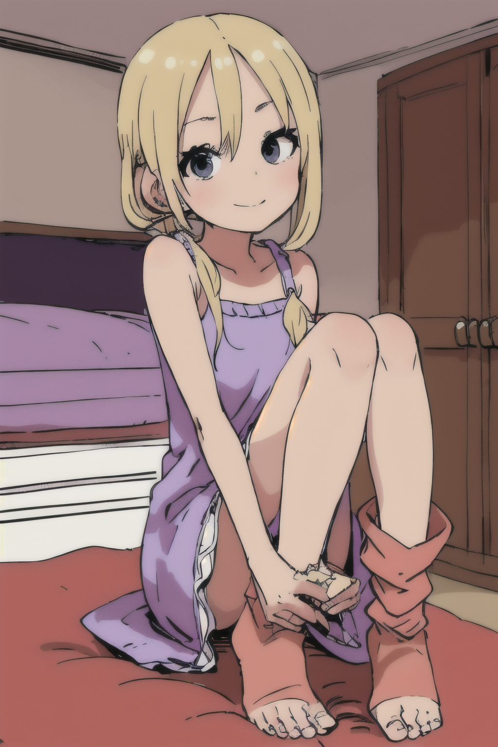 Kannadigas (India) 47 years old woman Blonde Side Ponytail, in the Bedroom, Sitting on a bench with one leg bent and foot on seat and arms folded, Knit dress with knee-high boots, EdobSouichirouYamamotoArtStyle  <lora:EdobSouichirouYamamotoArtStyle_v1.0:0.8>