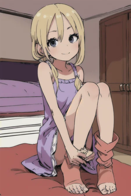 Kannadigas (India) 47 years old woman Blonde Side Ponytail, in the Bedroom, Sitting on a bench with one leg bent and foot on seat and arms folded, Knit dress with knee-high boots, EdobSouichirouYamamotoArtStyle <lora:EdobSouichirouYamamotoArtStyle_v1.0:0.8>