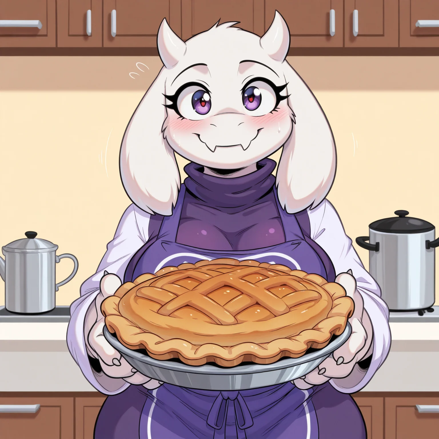 masterpiece, best quality, amazing quality,detailed eyes,1girl,solo,byeuyoshi89,furry,furry female,toriel,purple dress,apron, holding pie,kitchen, happy<lora:Euyoshi89_Style_v2:1>