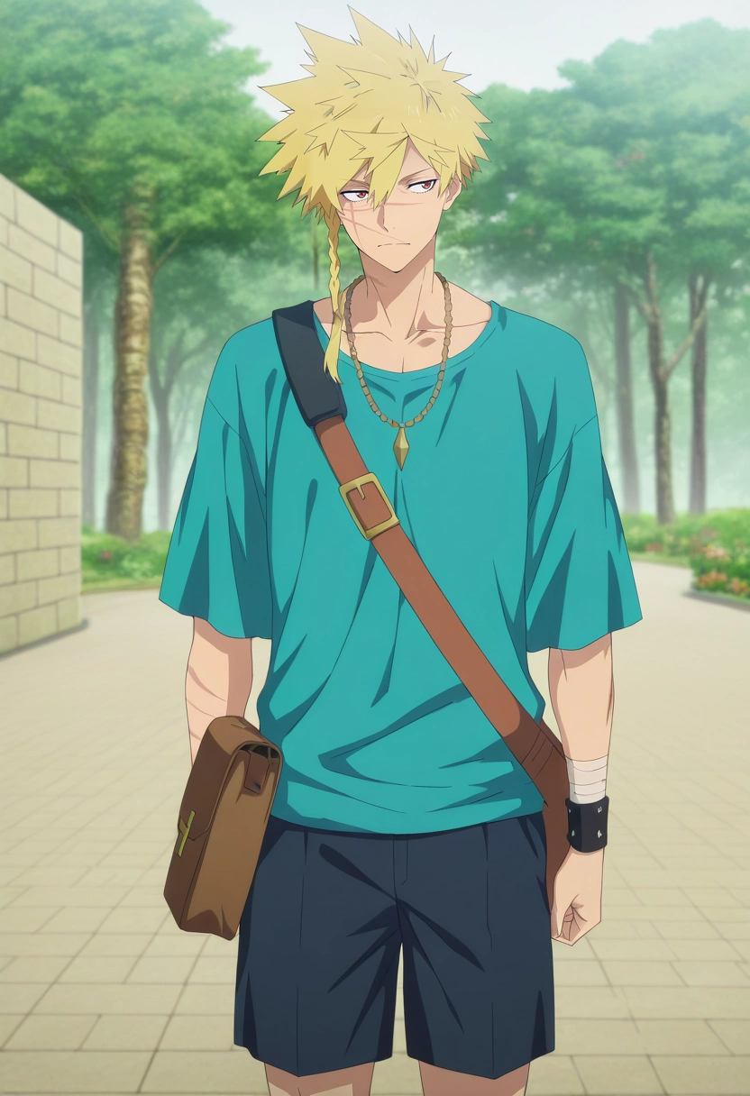 masterpiece, best quality, , anime screencap, anime coloring, official style, , 1boy, solo, male focus, <lora:choubei_aza_ilxl:0.96>, choubei_aza, blonde hair, brown eyes, long hair, braid, spiked hair, scar, scar on face, necklace, , Pleated shorts, Graphic long-sleeve shirt, , , Shoulder Bag