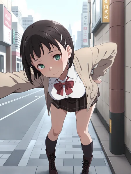 masterpiece,best quality,newest,1girl,solo,
<lora:p_suguha_v1.0:1>,p_sugu,hairclip,green eyes,
white shirt,red bow tie,cardigan,high-waist_skirt,kneehighs,lace-up_boots,
<lora:Fixhands_anime_bdsqlsz_V1:1>,city,bent_over,leaning_forward,pov,embarrass,looking_at_viewer,portrait,