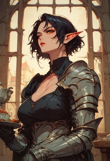 score_9,score_8_up,score_7_up,score_6_up, 1elf female, muscular, athletic, tall girl, pointed ears, elf female, pale skin, villainess, upper body portrait, (short black hair), arrogant expression, fully clothed, plate armor