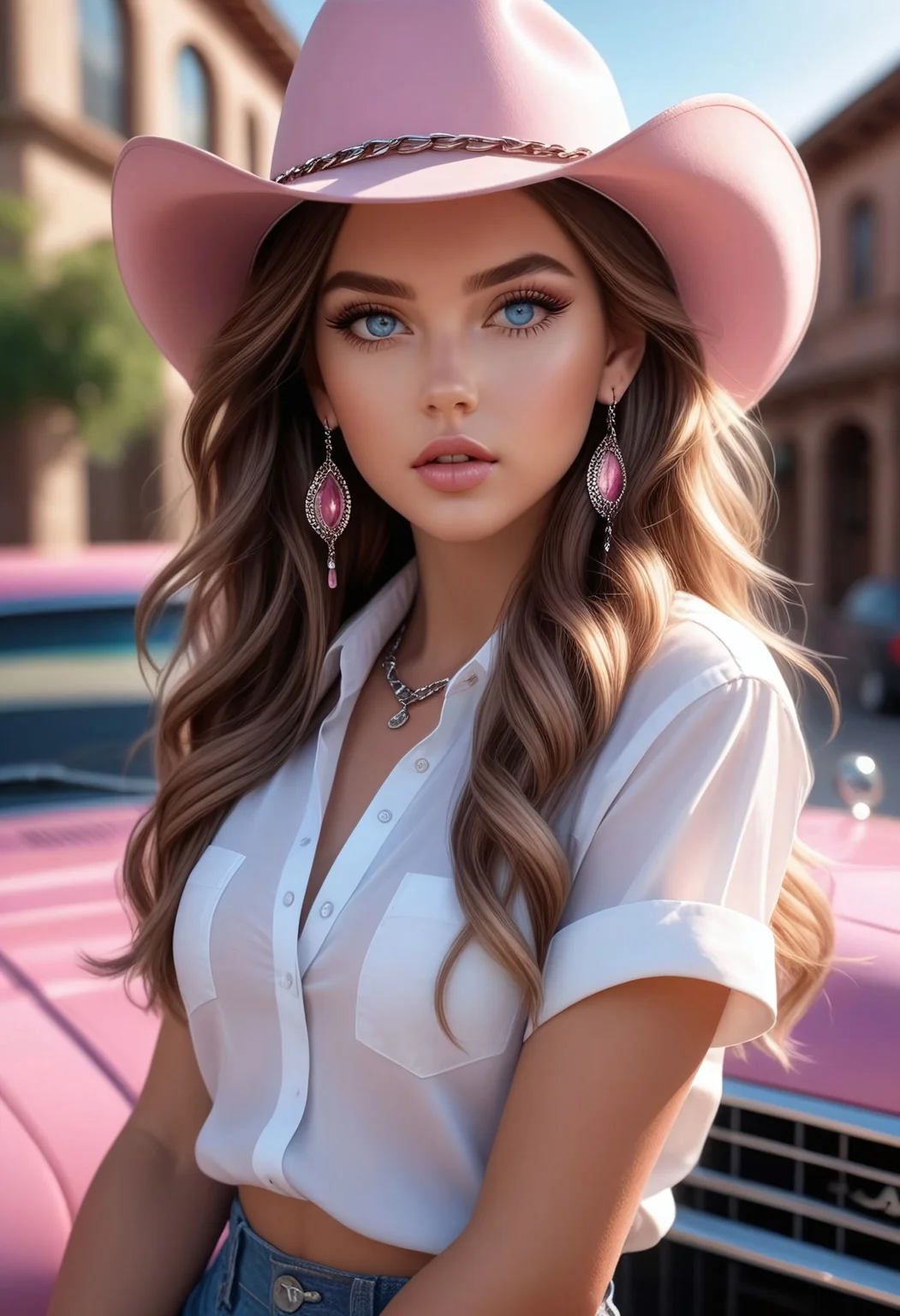 A cinematic masterpiece! In a photorealistic 8k landscape, a stunning girl with ultra-detailed features and perfect anatomy poses in a dynamic, flirtatious manner.a pink hat and earrings, while her long, silky hair cascades down her back. Her face is a work of art, with detailed makeup, eyelashes, and a gorgeous complexion. She wears a white shirt with short sleeves, open to reveal her toned physique, paired with a denim skirt and cowboy-inspired accessories like a baseball cap and chain bracelets. Her blue eyes sparkle under the perfect lighting (1.4), capturing every detail in this hyperrealistic (1.2) masterpiece. The surrounding environment features a motor vehicle, building, and outdoor setting, complete with a clear sky and day,Tattoo