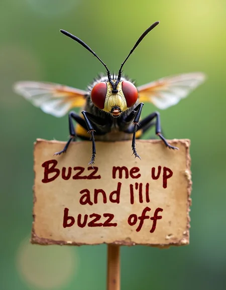 insect fly holding a sign with text "Buzz me up and I'll buzz off"
