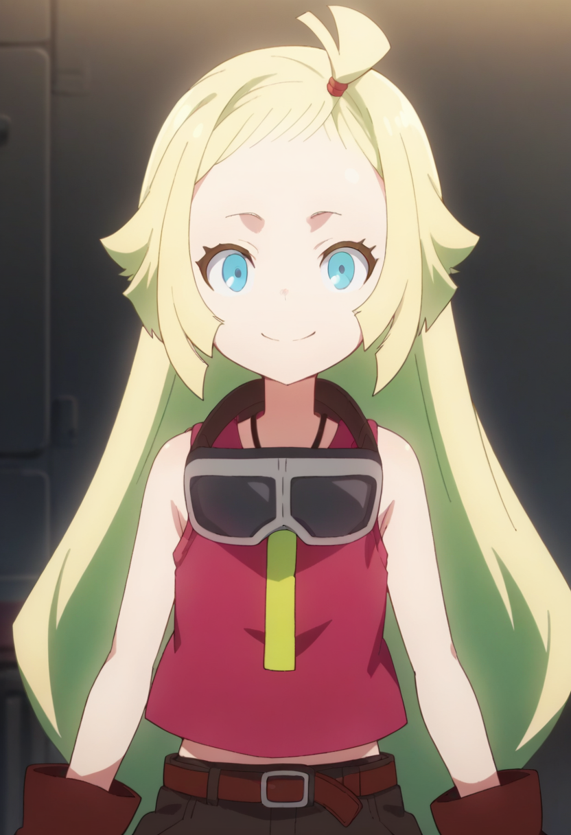 1girl, solo, long hair,  blue eyes, blonde hair, sleeveless, red shirt, belt, brown shorts, goggles, brown gloves,  goggles around neck,  <lora:PonyXL Memempu V1:1>,  score_9, score_8_up, score_7_up, score_6_up, score_5_up, score_4_up , anime coloring ,BREAK source_anime, anime,
looking at viewer, smile, upper body
indoors,
