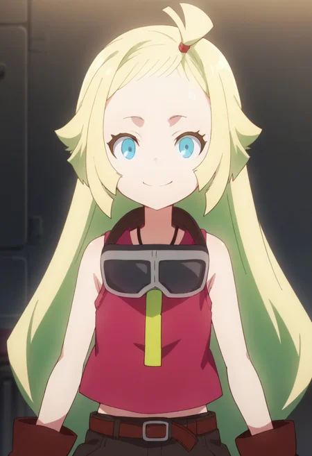 1girl, solo, long hair, blue eyes, blonde hair, sleeveless, red shirt, belt, brown shorts, goggles, brown gloves, goggles around neck, <lora:PonyXL Memempu V1:1>, score_9, score_8_up, score_7_up, score_6_up, score_5_up, score_4_up , anime coloring ,BREAK source_anime, anime,
looking at viewer, smile, upper body
indoors,