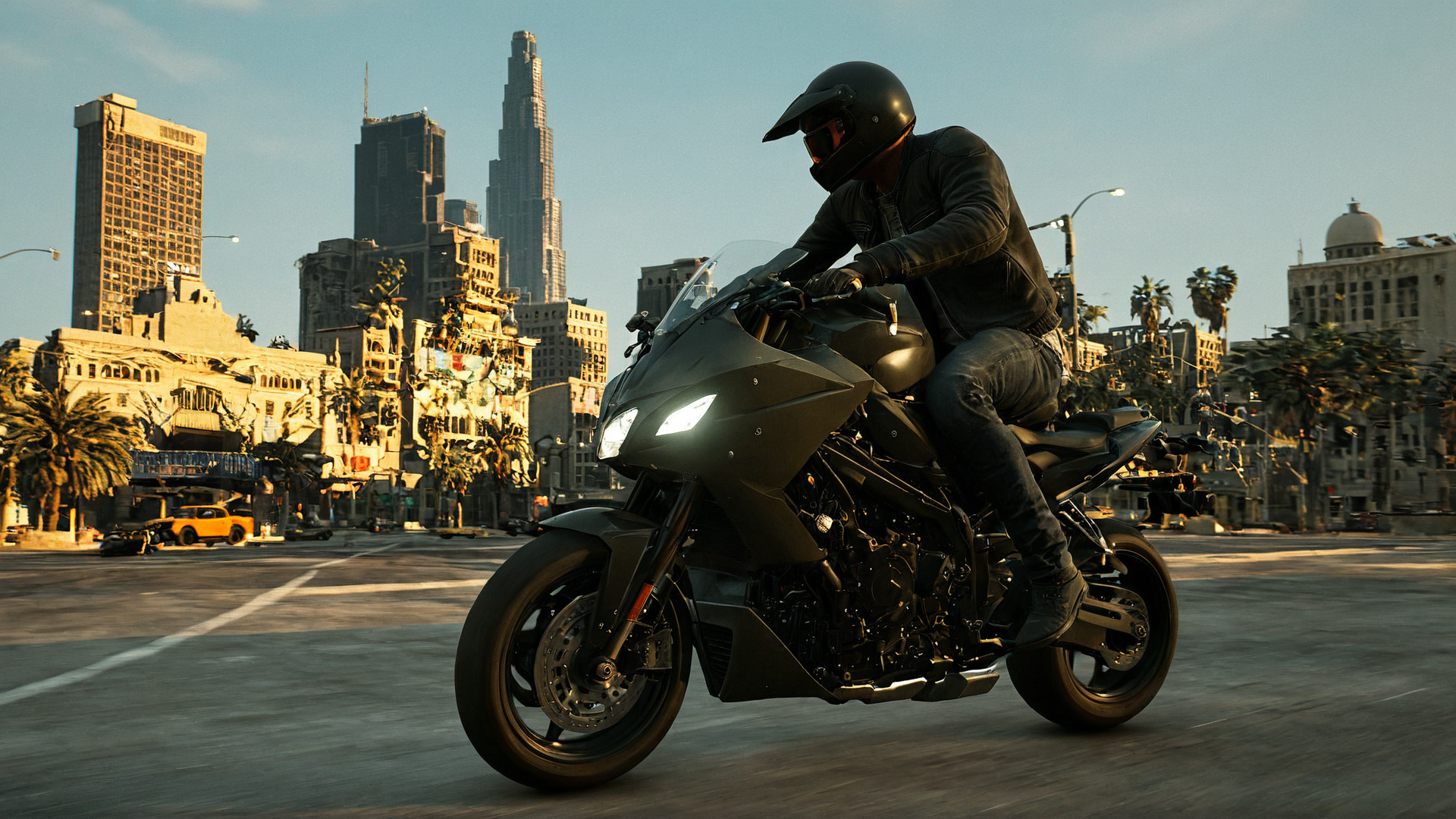 professional 3d model of  <lora:GTA style:0.7>
 <lora:Unreal Engine style:0.9> Unreal Engine style
 <lora:Hollywood Anamorphic format film style:0.2> Hollywood Anamorphic format film style
 <lora:add-detail-xl:0.3>
 <lora:perfection style:0.3> perfection style
 <lora:xl_more_art-full_v1:0.1>
 <lora:detailed:0.1>
 <lora:PerfectEyesXL:0.3>
A different perfect unique motion picture image of a man sitting on a motorcycle looking at a city, action-adventure movie themed style, sharp, detailed, epic cinematic photorealism style, artistic creative style, dramatic cinematic light style, cinematic color style, Grand Theft Auto style, GTA style, solo, 1boy, sitting, weapon, male focus, outdoors, sky, cloud, from behind, gun, helmet, ground vehicle, building, scenery, motor vehicle, sunset, city, cityscape, motorcycle
, octane render, highly detailed, volumetric, dramatic lighting