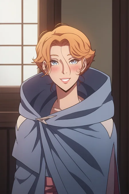 score_9, score_8_up, score_7_up, score_6_up, score_5_up, score_4_up, flat color, source_anime, 2d, BREAK.
indoors, blush, smile, looking at viewer, BREAK.
robe, long robe, long sleeves, cape, cloak, hooded cloak, BREAK.
<lora:Sypha_v1:1.3>, 1girl, solo, blue eyes, brown hair, short hair, BREAK.