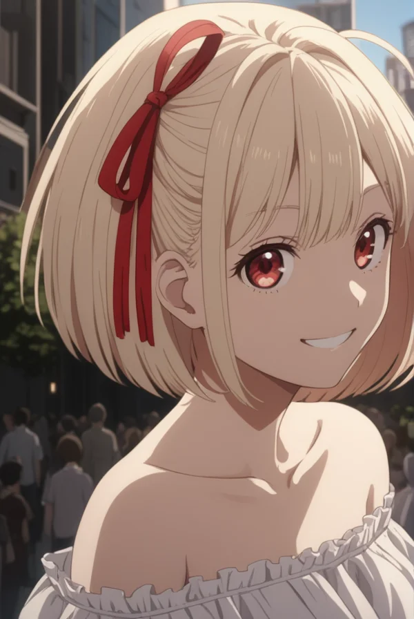masterpiece, best quality, highres, 4k, 8k, intricate detail, cinematic lighting, amazing quality, amazing shading, soft lighting, Detailed Illustration, anime style,
chisatonishikigi, <lora:chisato-nishikigi-s1-sdxl-lora-nochekaiser:0.75>,
chisato nishikigi, short hair, bangs, blonde hair, red eyes, hair ribbon, one side up, bob cut, smile,
shirt, bare shoulders, twintails, collarbone, hair ribbon, white shirt, frills, off shoulder, red ribbon, short twintails, off-shoulder shirt, frilled shirt,
outdoors, cityscape, crowd, people, 
looking at viewer, full body,