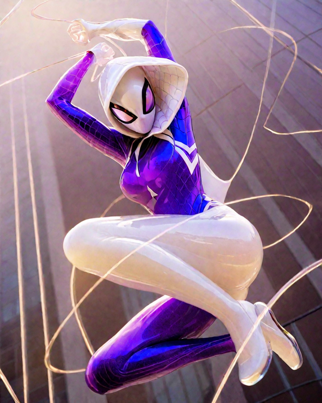 <lora:ççå°å¥³xl1V10:0.75>,Spider Gwen,Gwendolyn Maxine Stacy,a girl formed of colored glaze,coloured glaze,realistic photography,female spider-man,Perched high on a city skyscraper,Spider-Man is illuminated by the twinkling city lights below. His figure is highlighted by the cool,diffuse light of the moon,close up,perfecteyes,jade,glass,translucent,white hooded purple eyes,the white mask,