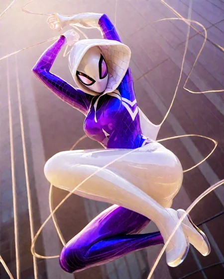 <lora:ççå°å¥³xl1V10:0.75>,Spider Gwen,Gwendolyn Maxine Stacy,a girl formed of colored glaze,coloured glaze,realistic photography,female spider-man,Perched high on a city skyscraper,Spider-Man is illuminated by the twinkling city lights below. His figure is highlighted by the cool,diffuse light of the moon,close up,perfecteyes,jade,glass,translucent,white hooded purple eyes,the white mask,