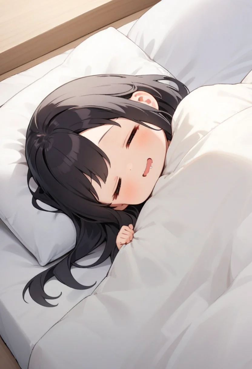 masterpiece, best quality, very aesthetic, absurdres,
1girl, chibi, solo, black hair, long hair, happy, smile, drooling, wavy mouth,
futon, pillow, closed eyes, bed, sleeping, lying, under covers, blanket,
<lora:kakebuton_SDXL_V1:0.8>