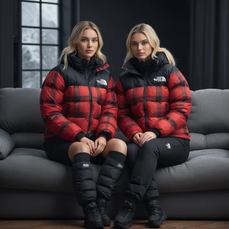 (full body shot) cute two nordic women wearing Tartan patterns tnf_nuptse jacket and thick puffy double layered tnf_nuptse puffer salopettes, hyperdetailed photography,4k textures,intricate details,4k resolution <lora:pufferdown_tnf_nuptse:0.5>, sitting on a couch, in a dark room, cinematic still