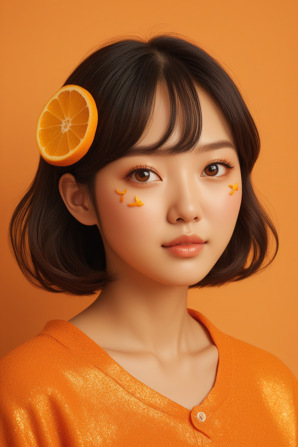 high quality,masterpiece,ultra-high resolution,incredible composition,extremely detailed, <lora:Orange_Peel:0.7>, Close-up portrait of a cute Korean woman with sparkling eyes and rosy cheeks, wearing an orange peel-inspired top with leafy details and a tiny stem hairpin. Soft anime style, warm lighting, pastel orange background with floating citrus slices, vibrant colors, cheerful expression.