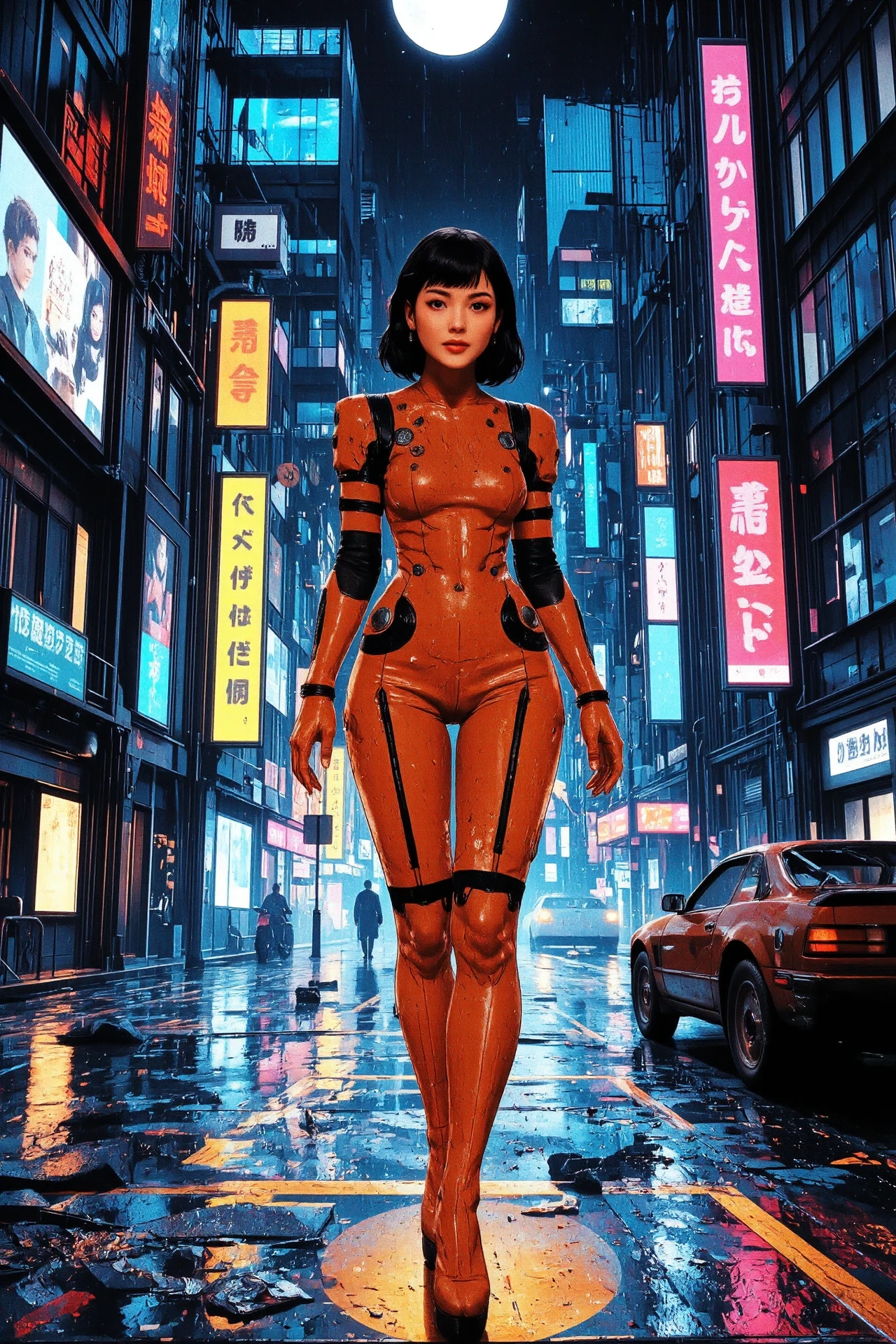 medium hair black hair young cyberpunk woman, anime, illustration, cyberpunk, futuristic, extremely detailed, portrait, standing, happy smile, beautiful cyberpunk tokyo buildings landscape, wet floor, windows, car, motorbike, moon in the sky, bright neon lights, screen holograms, kanjis, raytracing, hdr, high contrast, cinematic lights, backlight, reflections, legs, heels, sharp focus, luminous Tiger Orange robot glossy brilliant armor, body lights, body circuits, glossy lipstick, necklace, gemstone earrings, colorful, retrowave, shadows, vibrant colors, colorful, bright, pretty, beautiful, feminine, sexy, lovely, in love, adorable, fashion, <lora:Hand v2:1> <lora:Anti-Blur:2> <lora:Insane Detail Slider:0.5>  <lora:flux.1_lora_flyway_Epic-detail_v2:0.3><lora:fluxenhancer:0.5> <lora:RetroAnimeFluxV1:0.3> <lora:CPA:0.6> <lora:Luminous_Shadowscape:0.3>  <lora:Neon_Noir_FLUX:0.4> mad-neon-noir  <lora:bv-cybstyenh-v1_rank16_bf16:0.3>