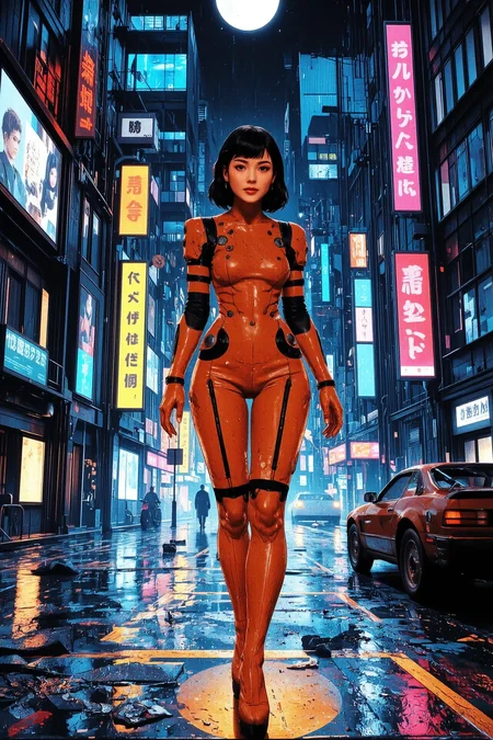 medium hair black hair young cyberpunk woman, anime, illustration, cyberpunk, futuristic, extremely detailed, portrait, standing, happy smile, beautiful cyberpunk tokyo buildings landscape, wet floor, windows, car, motorbike, moon in the sky, bright neon lights, screen holograms, kanjis, raytracing, hdr, high contrast, cinematic lights, backlight, reflections, legs, heels, sharp focus, luminous Tiger Orange robot glossy brilliant armor, body lights, body circuits, glossy lipstick, necklace, gemstone earrings, colorful, retrowave, shadows, vibrant colors, colorful, bright, pretty, beautiful, feminine, sexy, lovely, in love, adorable, fashion, <lora:Hand v2:1> <lora:Anti-Blur:2> <lora:Insane Detail Slider:0.5> <lora:flux.1_lora_flyway_Epic-detail_v2:0.3><lora:fluxenhancer:0.5> <lora:RetroAnimeFluxV1:0.3> <lora:CPA:0.6> <lora:Luminous_Shadowscape:0.3> <lora:Neon_Noir_FLUX:0.4> mad-neon-noir <lora:bv-cybstyenh-v1_rank16_bf16:0.3>