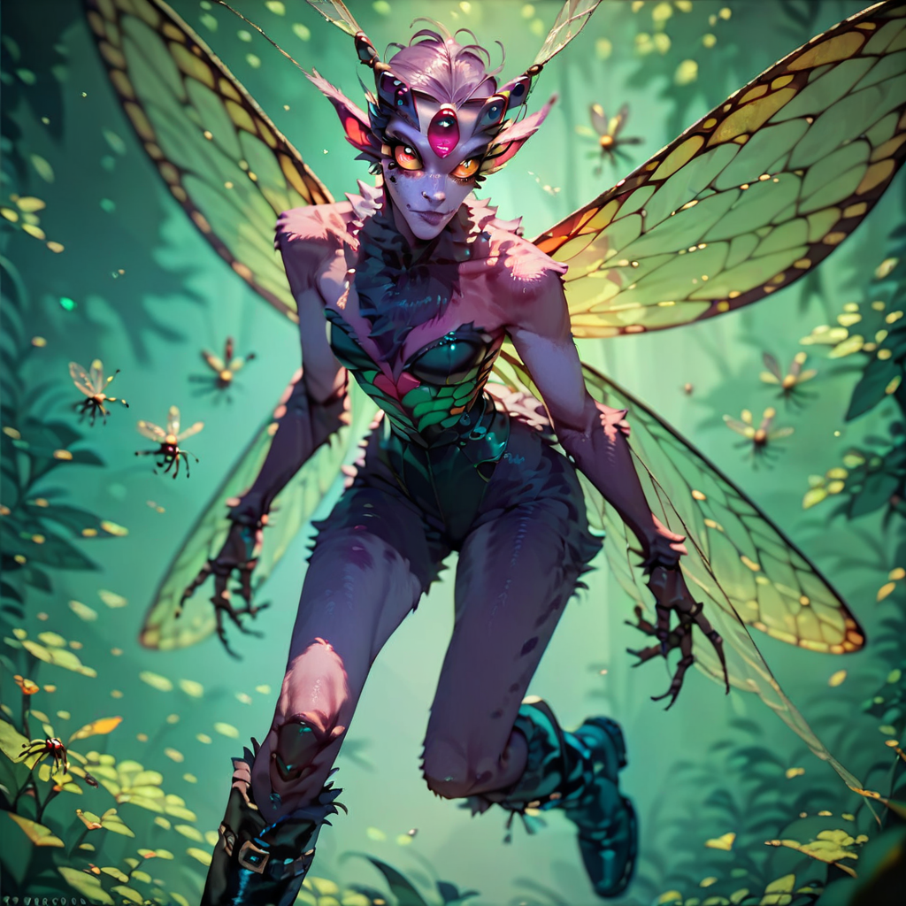 score_9, score_8_up, score_7_up, score_6_up, dark faerie flying beautiful face with insect eyes, heavy black boots, highly detailed, insect wings, monster girl, cyan and magenta, purple skin, soft fur, nighttime