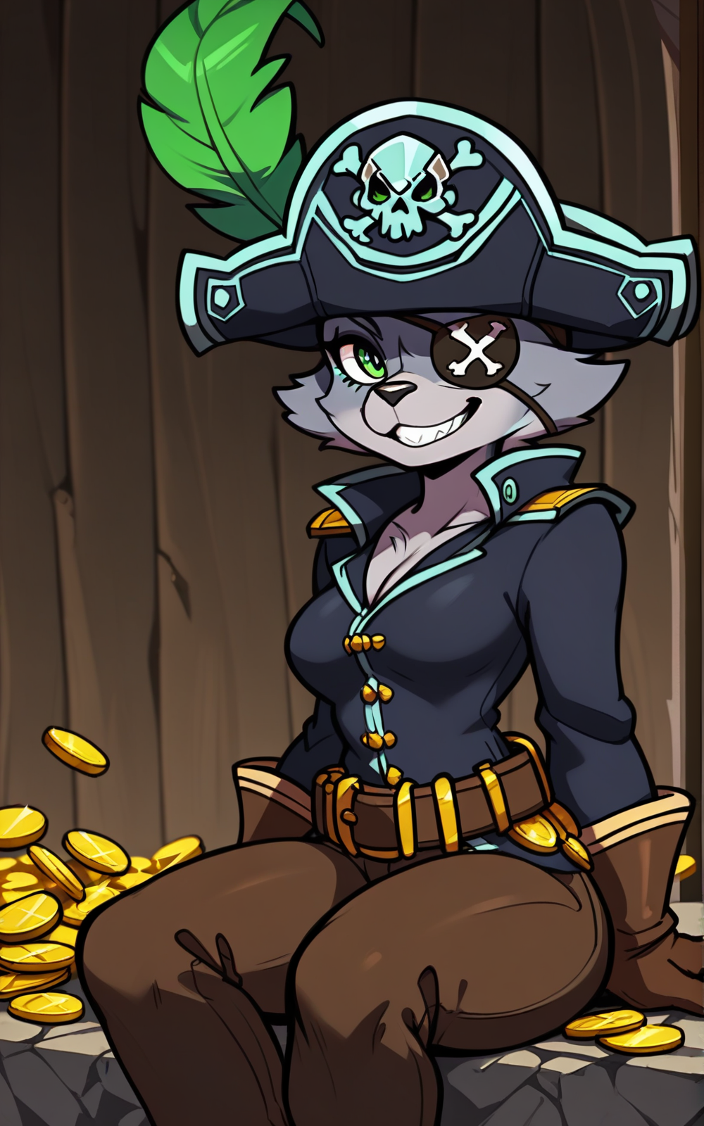 best quality, absurdres, <lora:BolivanteStyleITS:0.8>, <lora:CaEuITS:0.8>,CaEuITS, furry female, furry, eyepatch, hat, brown gloves, pirate hat, pirate,solo, breasts,long sleeves,green eyes, belt, pants, brown pants, hat feather, dark blue coat, grey skin, sitting on chest, gold coins, smile, teeth, inside, rubble,slim