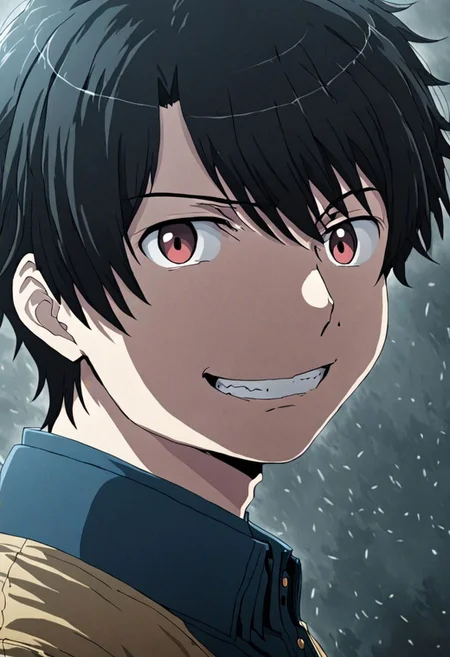 high resolution, solo, best quality, 1Boy, Inaho Kaizuka, Black Hair, portrait, looking at viewer, focused gaze forward, upper body, head upright, angry, smile, OverallDetail