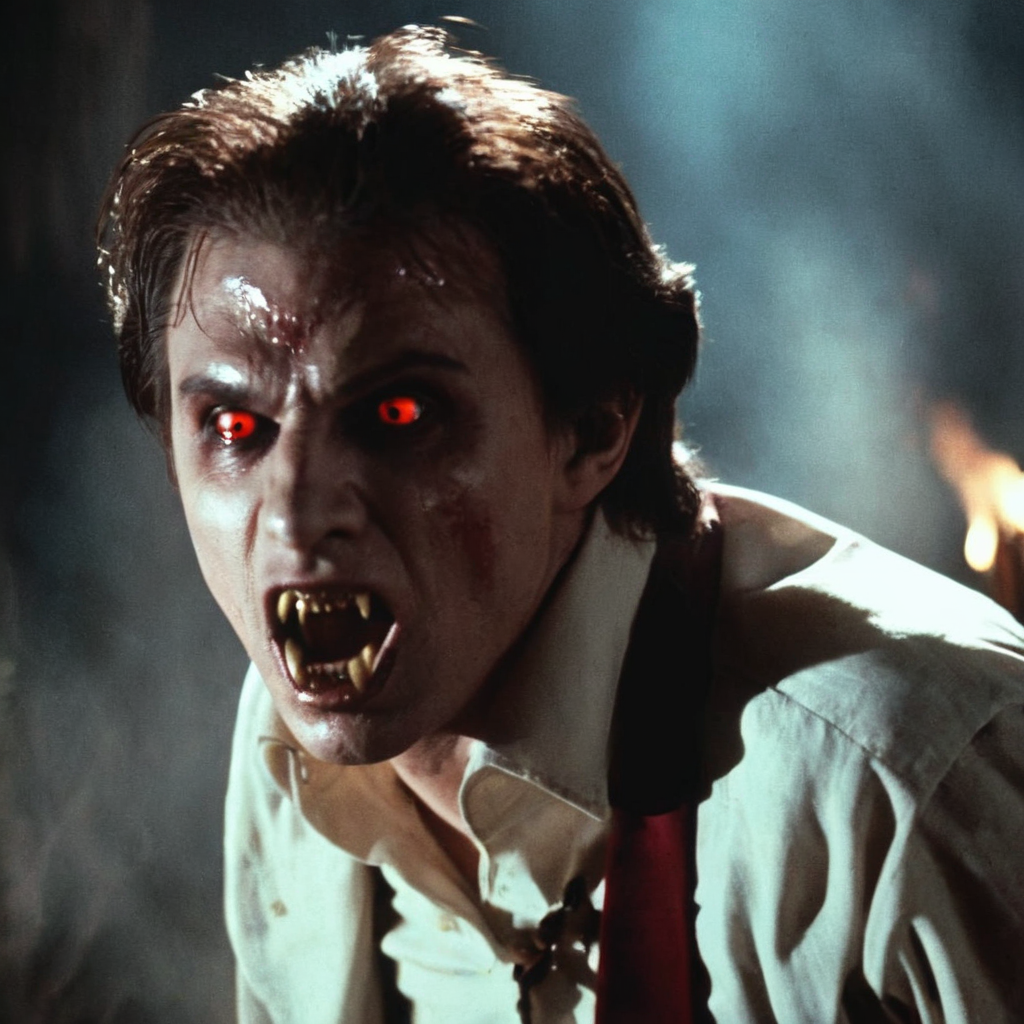 Horror-themed,  <lora:Fright Night 1985 Film Style:1>
Cinematic Closeup Shot Film Footage captured by Panavision Cameras and Lenses, vampire human, Jerry a man with a shirt on, staring at someone with red eye lenses and shocking facial expression with open mouth and his hand covering his face, while staring at camera with vampire fangs teeth, Fright Night 1985 Film Style, Eerie, unsettling, dark, spooky, suspenseful, grim, highly detailed
