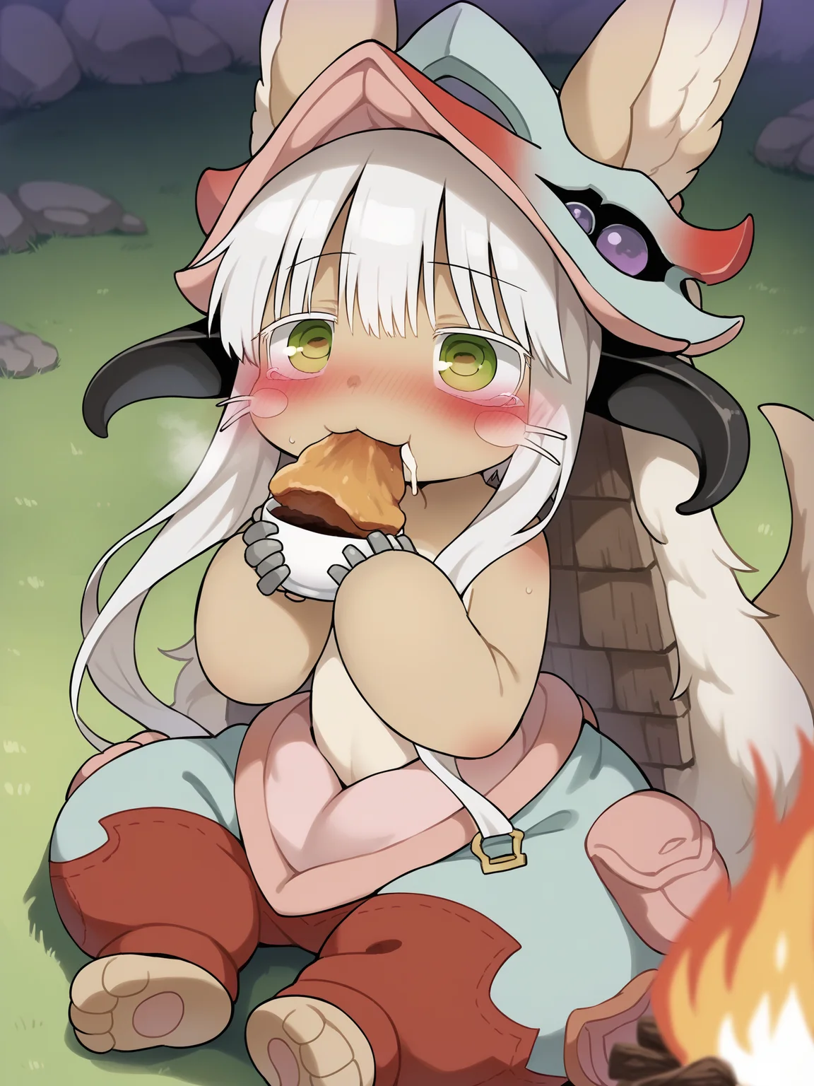 score_9, score_8_up, score_7_up, source_anime,
1girl, solo, <lora:nanachi_PONY_ver2_epoch-000015:1> narehate, nanachi (made in abyss),green eyes,white hair,long hair,furry,animal ears,ears through headwear,helmet,tail,puffy pants
blush, drooling, looks up, eating, sit, campfire, holding a cup in his hands, steam