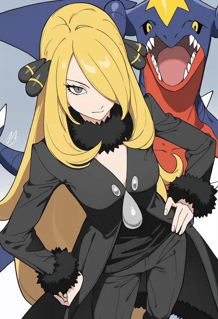 ,cynthia \(pokemon\), garchomp, 1girl, long hair, looking at viewer, shirt, blonde hair, long sleeves, hair ornament, closed mouth, pants, signature, hair over one eye, coat, black shirt, grey eyes, eyelashes, fur trim, hand on own hip, pokemon \(creature\), black pants, black coat, fur collar, fur-trimmed coat, v-neck,from_above,,masterpiece,best quality,newest,absurdres,highres,very awa <lora:None:1.0> <lora:Himuro_Yukichiko_Style-000012:0.9500000000000002>