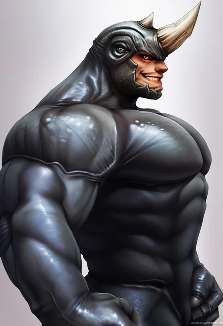 score_9, score_8_up, score_7_up, source_cartoon, solo, 1boy, ma_rhino, villain costume, white sclera, muscular, bara, huge pecs, portrait, side view, smirk,