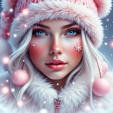 Contrail, mosaic, Fantasy realism, Storybook Illustration, double exposure, delicate detailed inspired by [Artgerm, Brian M  Viveros, Esao Andrews], light pink | white stripes, sharp focus, triadic colors, gorgeous girl, peachy lips, snow suit, light pink teddybear santa hat, small snowflakes , dynamic pose, luminism, magic light rings, bioluminescence, 32k