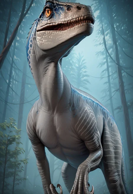 <lora:ponyxl_ikiki_style_v1:1> ikiki_style, hi res,4k, realistic, porn, BREAK, <lora:Blue_Jurassic_World-000006:1> blue_(jurassic world), velociraptor, feral, standing, woods, <lora:Pony_QualityV4.0:1.12>, zPDXL2, zPDXLxxx, zPDXLrl