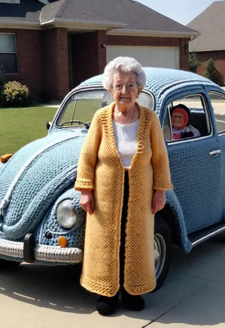 Crocheted Grandma standing beside a Volkswagen Beetle