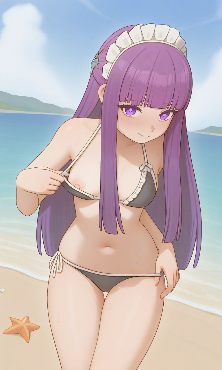 masterpiece, best quality, high resolution, absurdres, 1girl, bartostyle, maid_bikini, maid_headdress, fern_(sousou_no_frieren), bikini_pull, nipple_slip, beach, outdoors, naughty_face